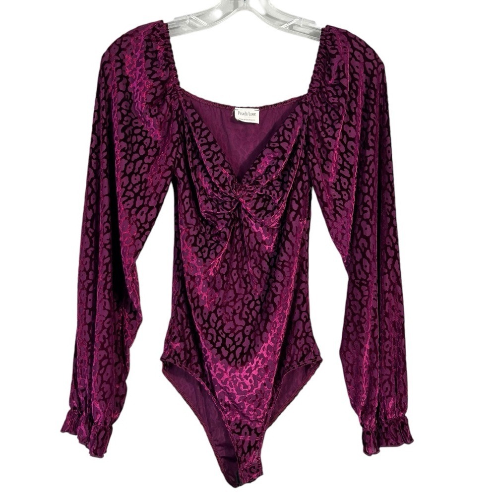 Peach Love Leopard Velvet Burnout Sweetheart Neckline Puff Sleeve Bodysuit Small